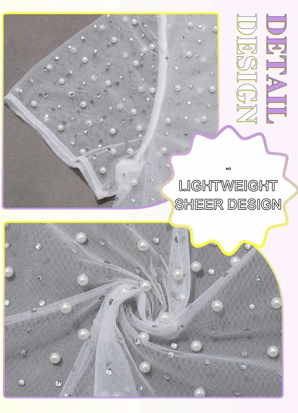 JONKY Pearl Rhinestone Cardigan Mesh See Through Bolero Sheer Short Sleeve Top for Bridal and Women
