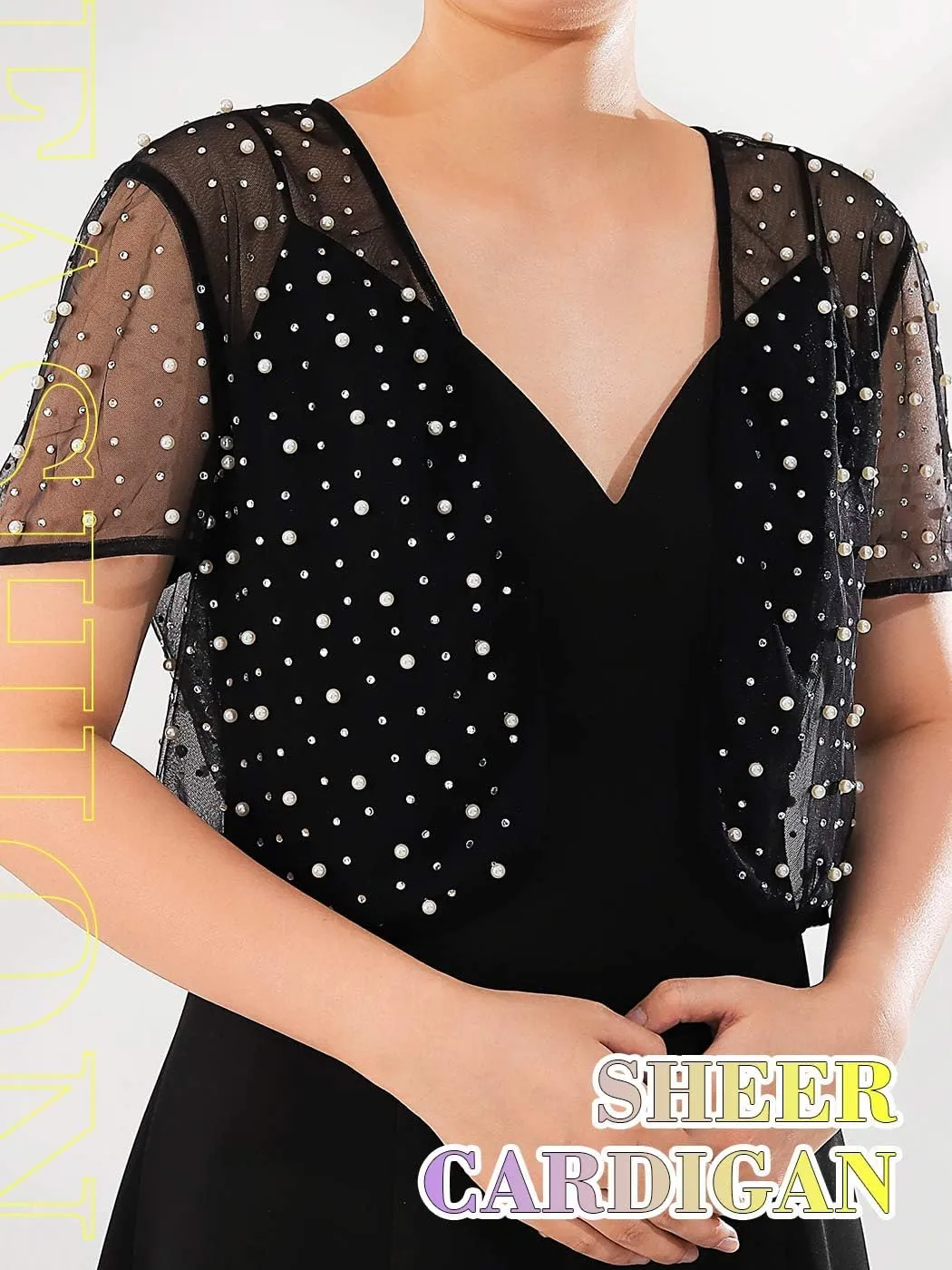 JONKY Pearl Rhinestone Cardigan Mesh See Through Bolero Sheer Short Sleeve Top for Bridal and Women
