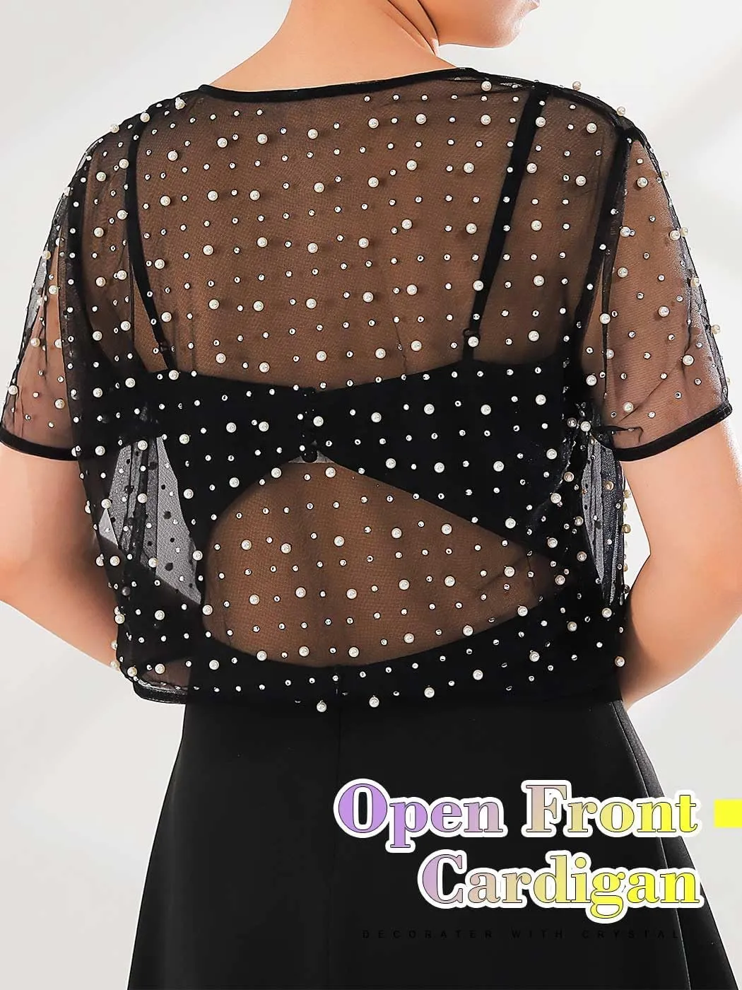 JONKY Pearl Rhinestone Cardigan Mesh See Through Bolero Sheer Short Sleeve Top for Bridal and Women