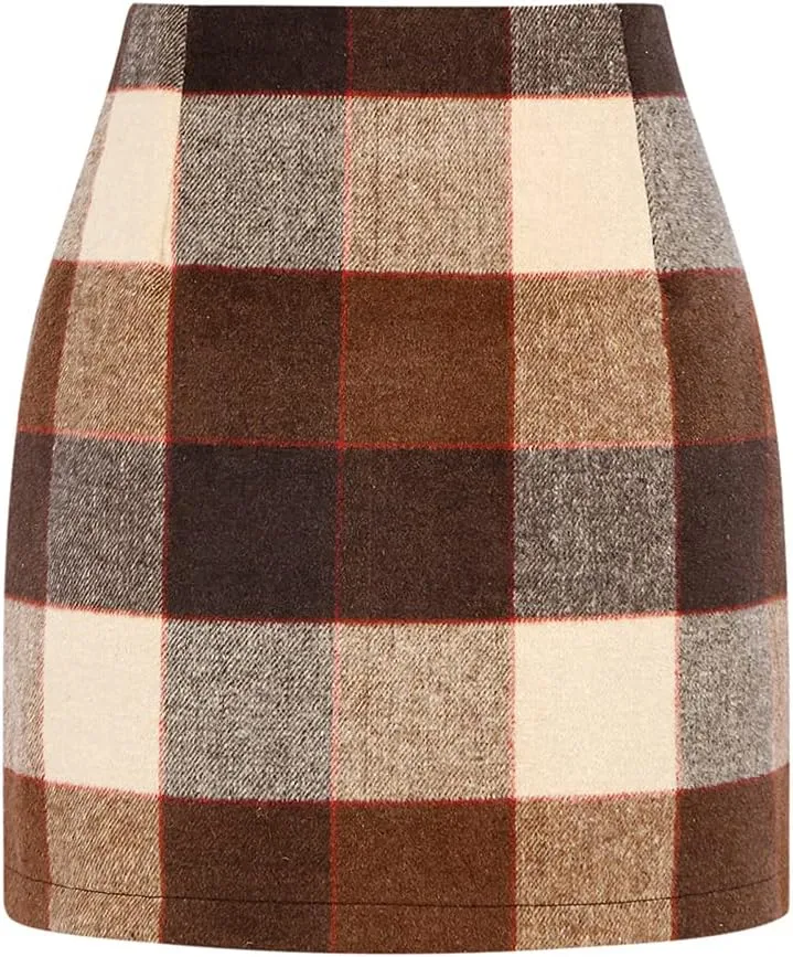Kinghua Womens Wool Plaid Mini Skirt Fall Winter High Waisted Bodycon Pencil Skirt