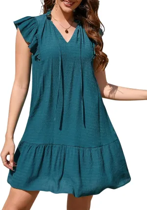 KOJOOIN Women's Babydoll Mini Dress Summer V Neck Flutter Sleeve Boho Floral Flowy Shift Short Dress