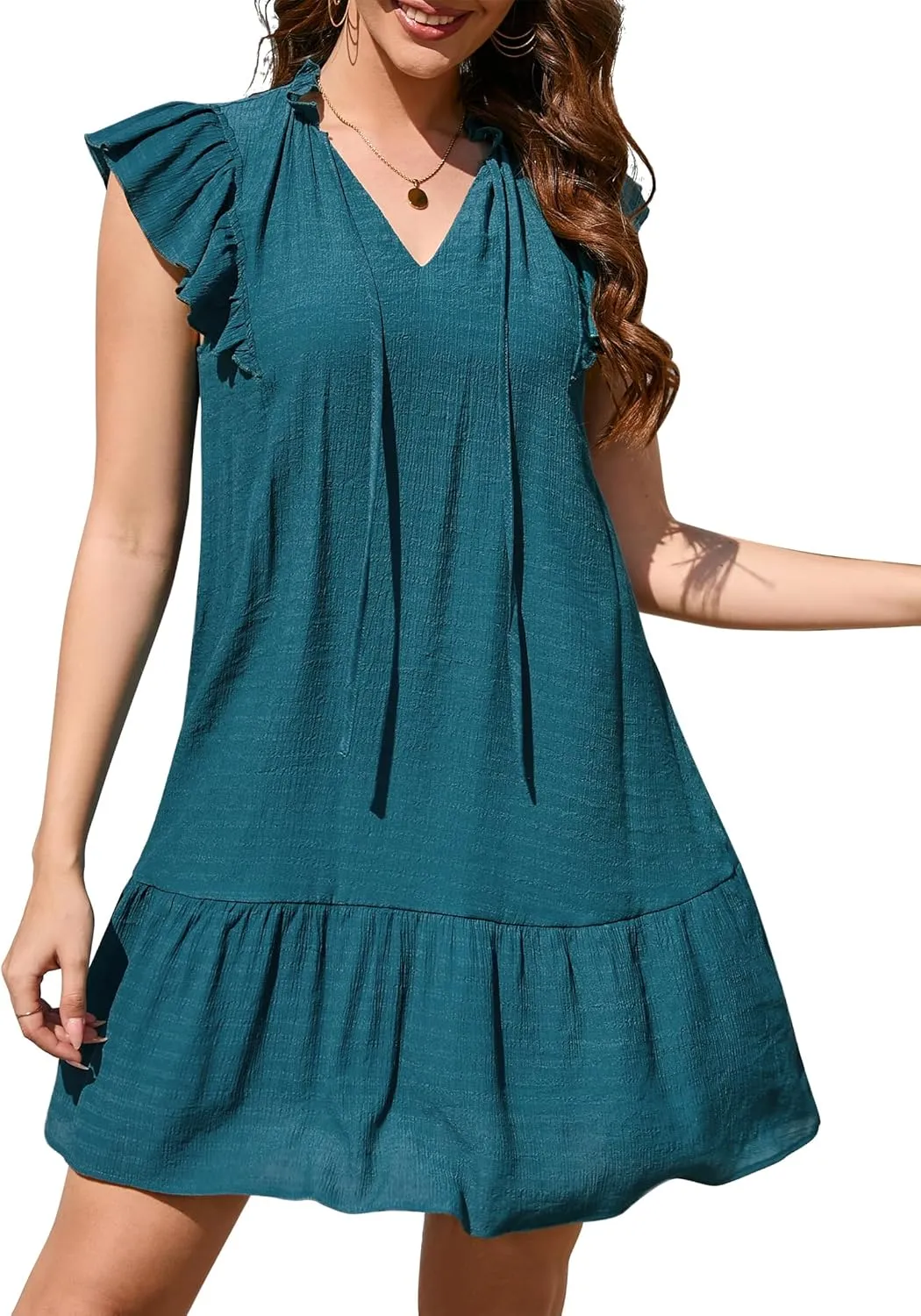 KOJOOIN Women's Babydoll Mini Dress Summer V Neck Flutter Sleeve Boho Floral Flowy Shift Short Dress