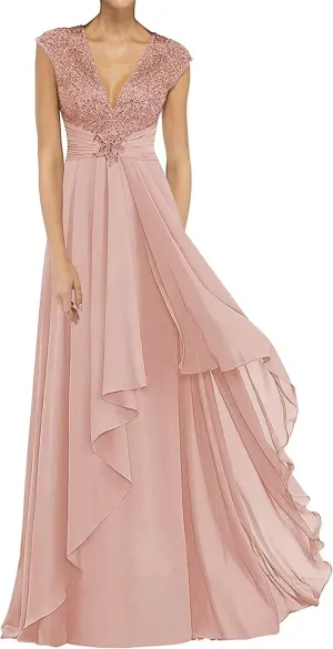 Lace Appliques Mother of The Bride Dresses Long Chiffon Prom Formal Dress V Neck Formal Evening Wedding Party Gown