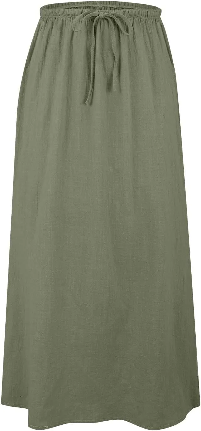Linen Maxi Skirts for Women Trendy Summer Comfy Drawstring Waist A Line Skirts Cute Vacation Boho Long Flowy Skirts