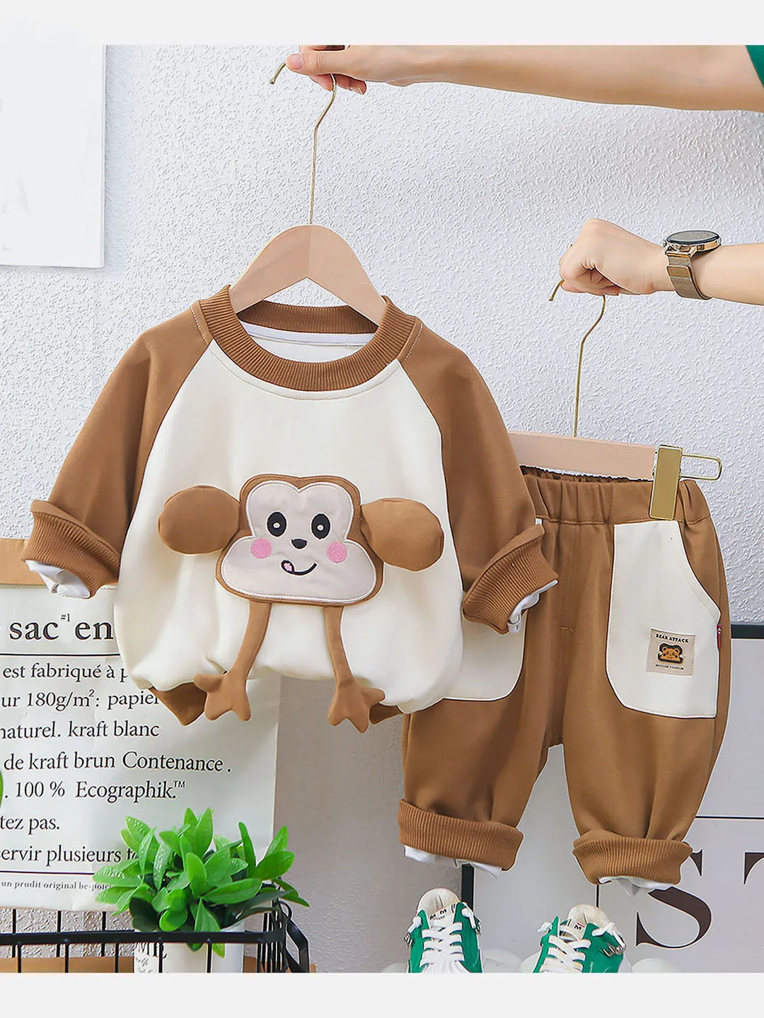 Little Surprise Box Brown 3D Monkey Face 2Pcs Track Suit Set For Winter And All Season Wear