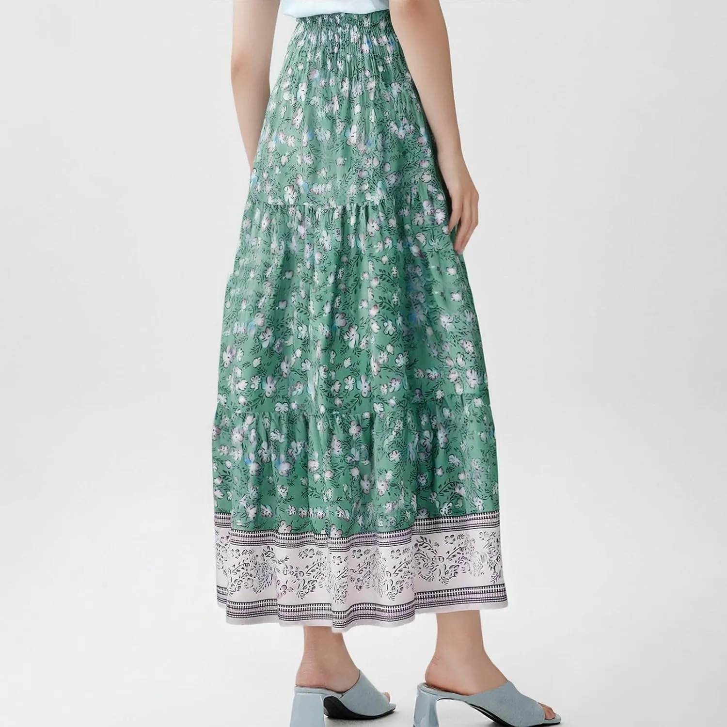Long Flowy Skirts for Women Floral Boho Maxi Skirt Smocked Elastic High Waisted Skirts Swing A Line Tiered Skirt