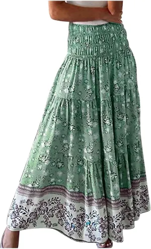 Long Flowy Skirts for Women Floral Boho Maxi Skirt Smocked Elastic High Waisted Skirts Swing A Line Tiered Skirt