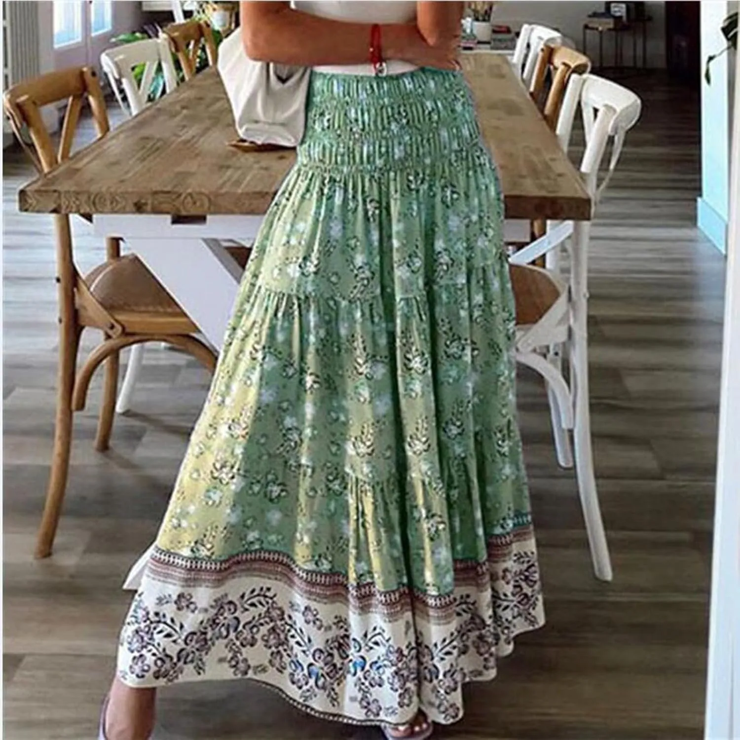 Long Flowy Skirts for Women Floral Boho Maxi Skirt Smocked Elastic High Waisted Skirts Swing A Line Tiered Skirt