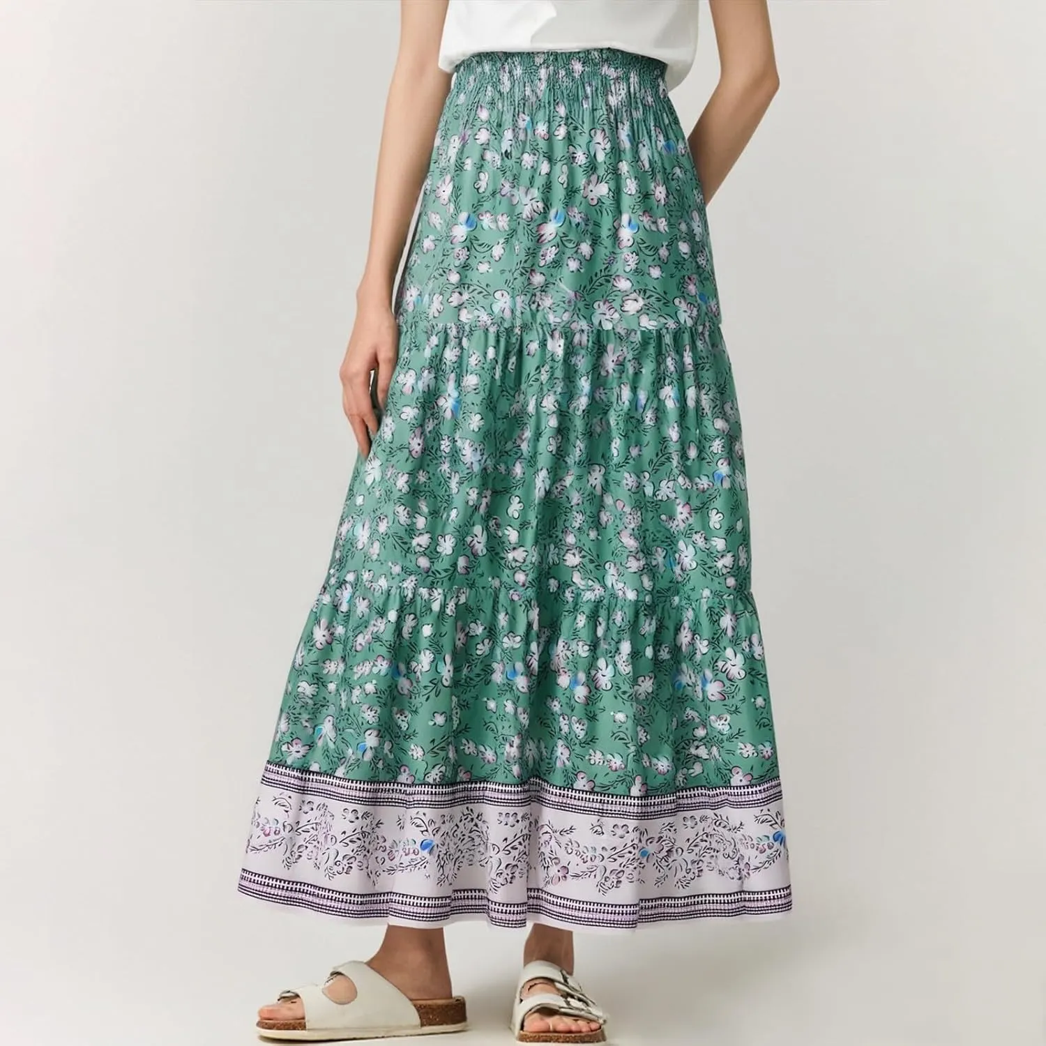Long Flowy Skirts for Women Floral Boho Maxi Skirt Smocked Elastic High Waisted Skirts Swing A Line Tiered Skirt