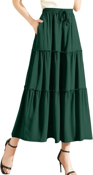 Long Skirts for Women Trendy Summer Boho Flowy Skirt Swing Tiered Maxi Skirt Elastic Waist Pleated Midi Beach Dress