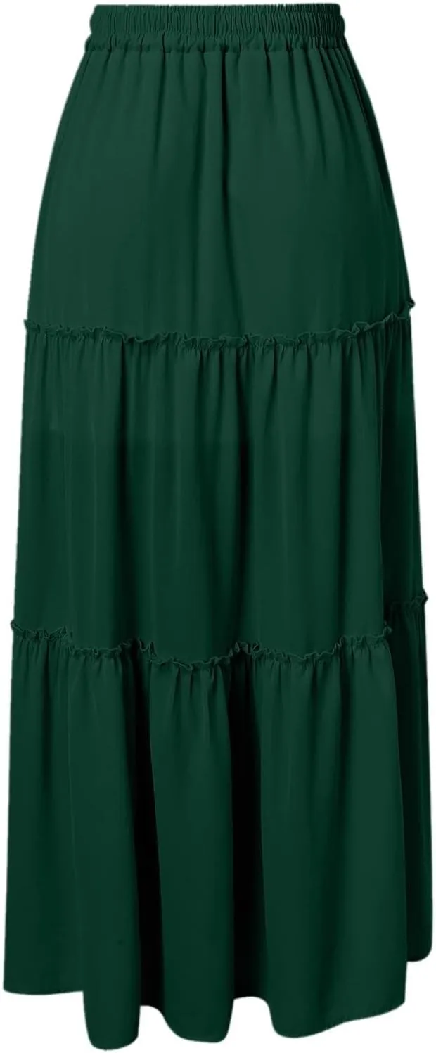 Long Skirts for Women Trendy Summer Boho Flowy Skirt Swing Tiered Maxi Skirt Elastic Waist Pleated Midi Beach Dress