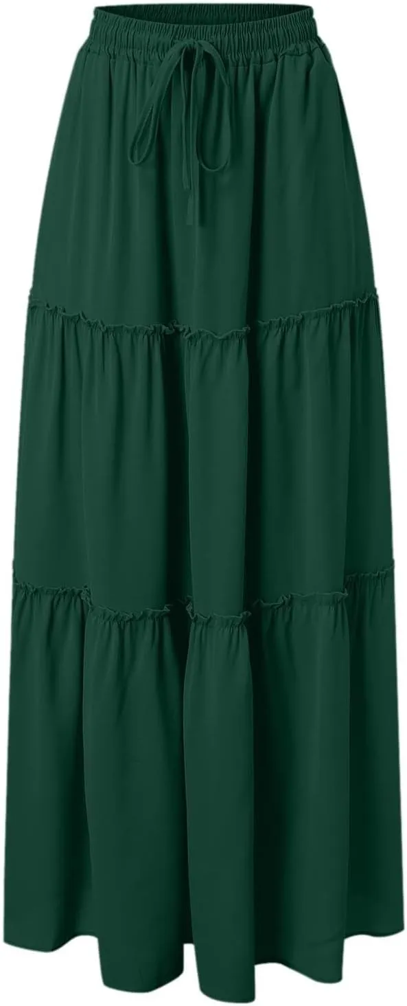 Long Skirts for Women Trendy Summer Boho Flowy Skirt Swing Tiered Maxi Skirt Elastic Waist Pleated Midi Beach Dress