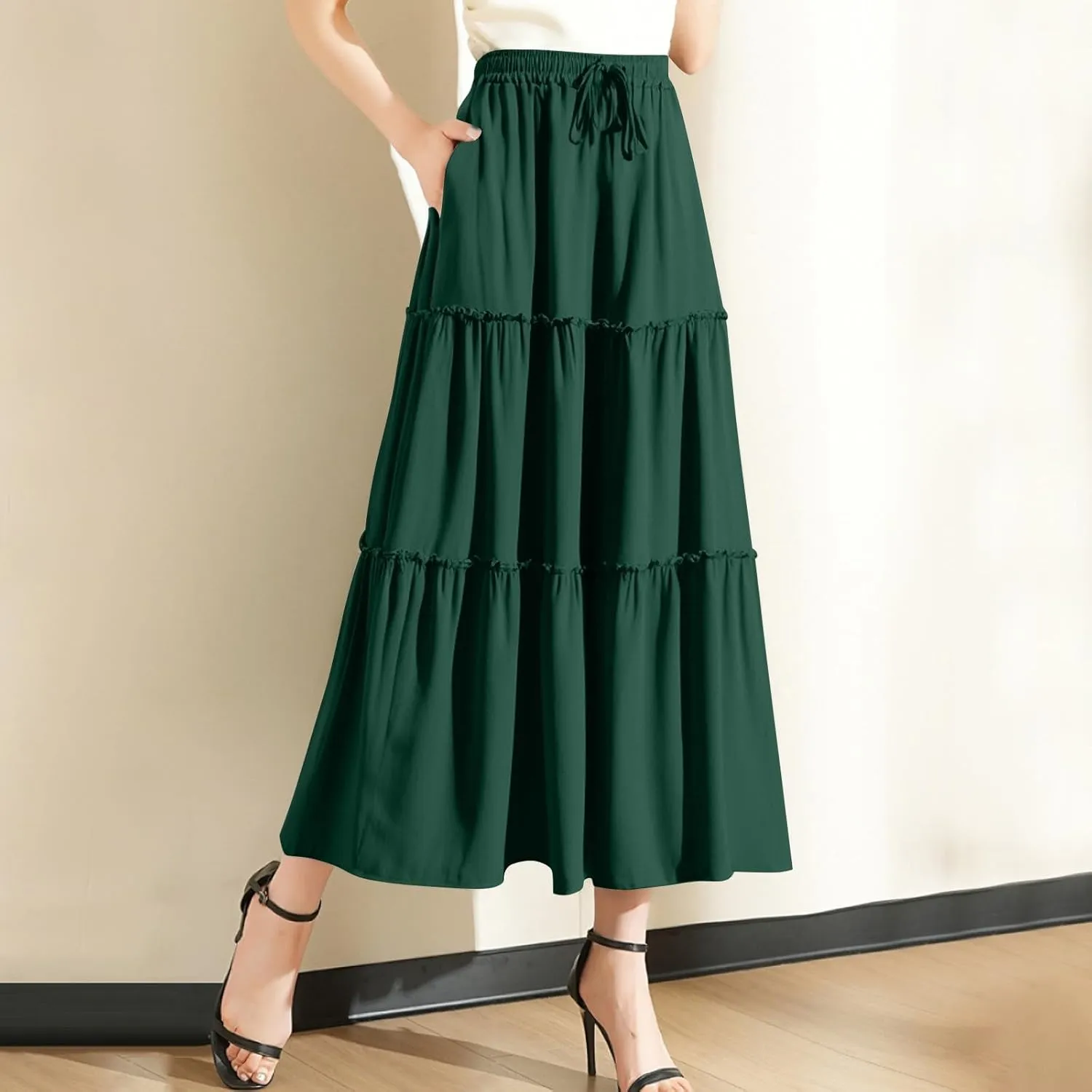 Long Skirts for Women Trendy Summer Boho Flowy Skirt Swing Tiered Maxi Skirt Elastic Waist Pleated Midi Beach Dress