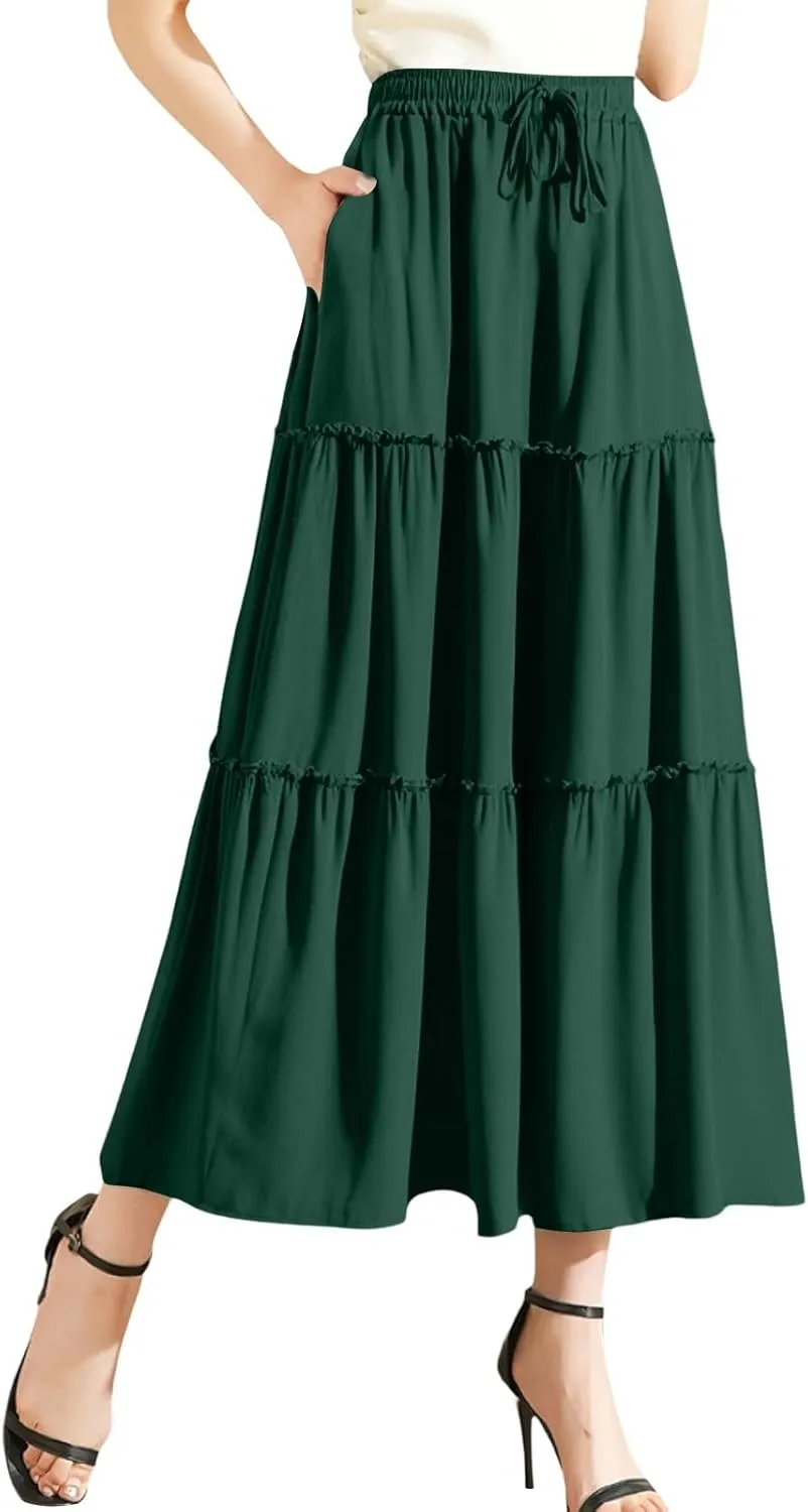 Long Skirts for Women Trendy Summer Boho Flowy Skirt Swing Tiered Maxi Skirt Elastic Waist Pleated Midi Beach Dress