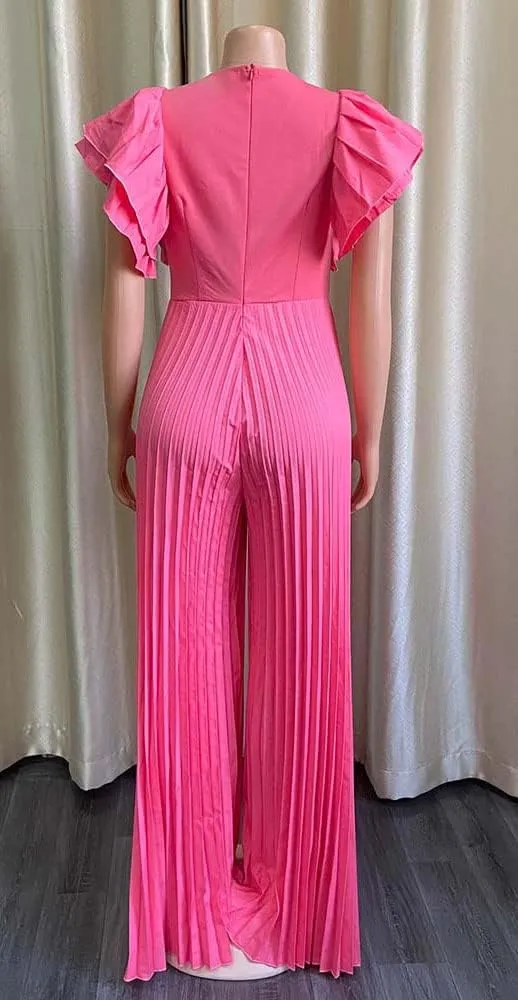 loveimgs Women's Summer Ruffle Short Sleeve Dressy Wide Leg Jumpsuit Pleated Long Pants Rompers