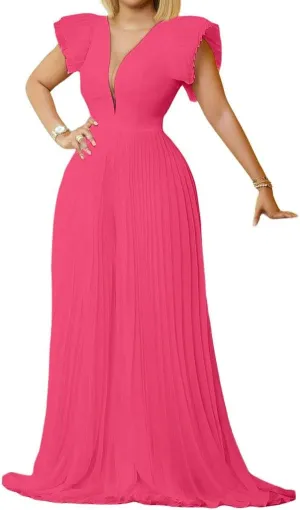 loveimgs Women's Summer Ruffle Short Sleeve Dressy Wide Leg Jumpsuit Pleated Long Pants Rompers
