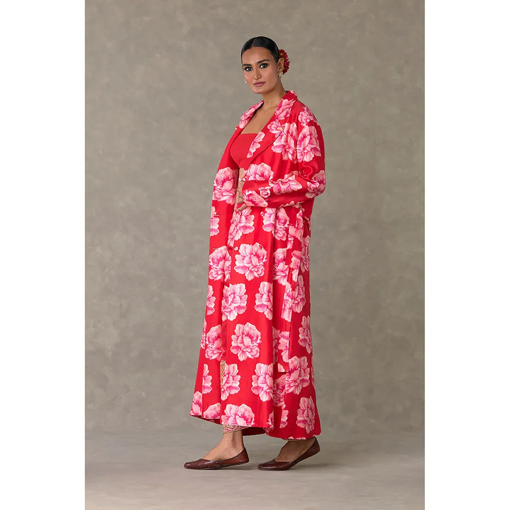 Masaba Red Nurvi Trench Coat with Pant & Bustier (Set of 3)