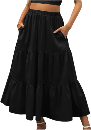 Maxi Long Skirts for Women Elastic Waist Pleated Flowy Skirt Ruffle A-Line Swing Tiered Boho Beach Skirt with Pockets