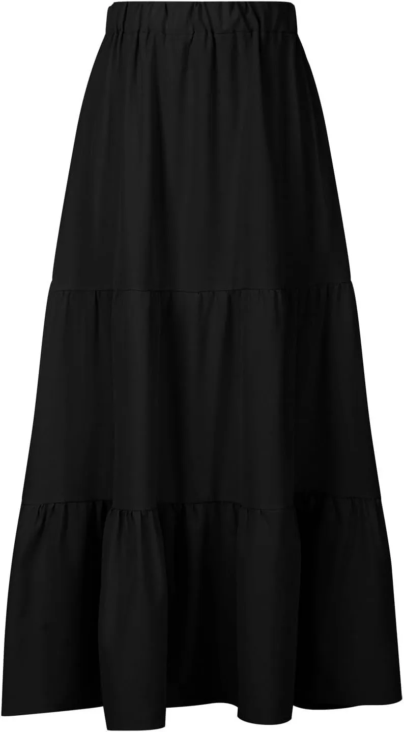 Maxi Long Skirts for Women Elastic Waist Pleated Flowy Skirt Ruffle A-Line Swing Tiered Boho Beach Skirt with Pockets