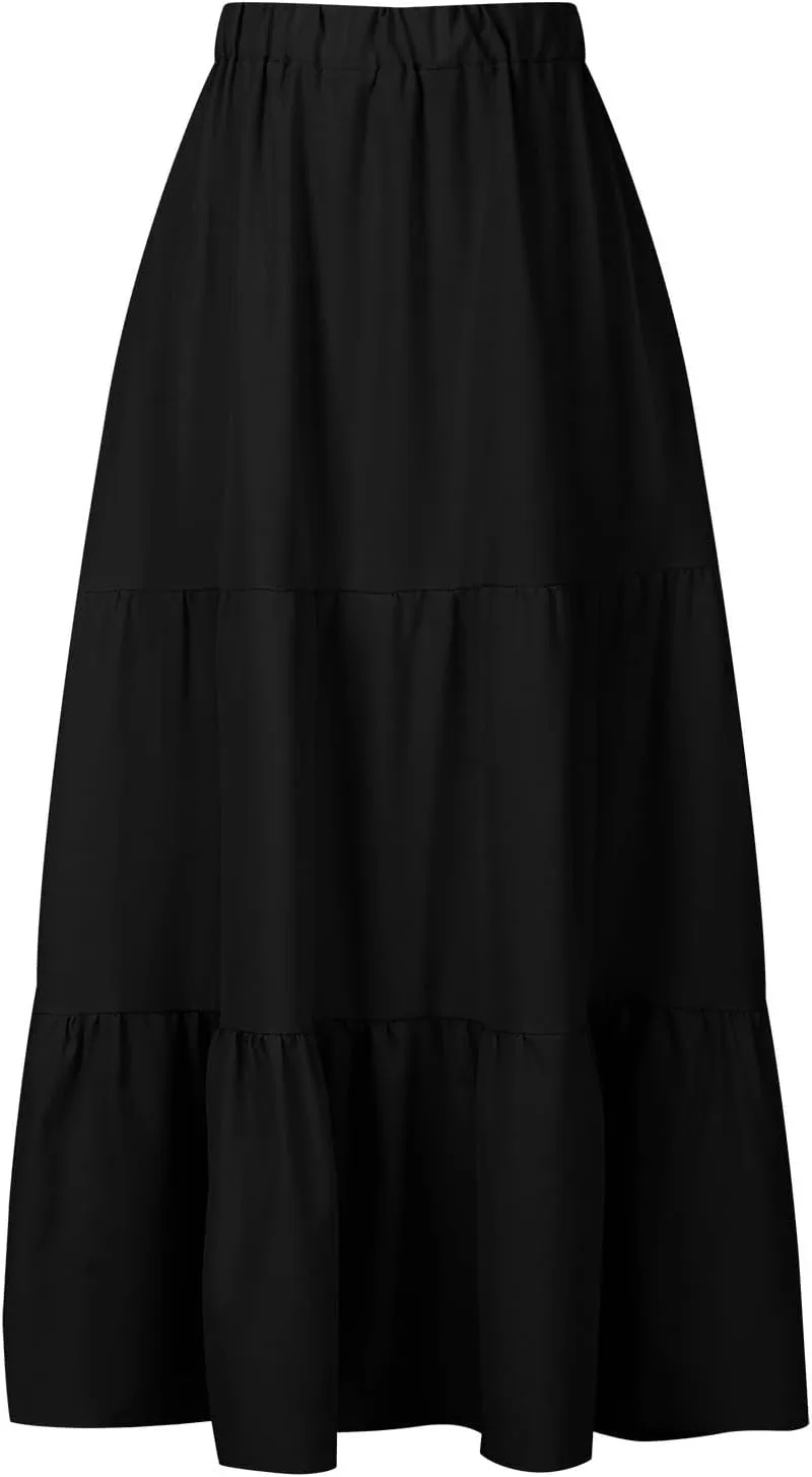 Maxi Long Skirts for Women Elastic Waist Pleated Flowy Skirt Ruffle A-Line Swing Tiered Boho Beach Skirt with Pockets