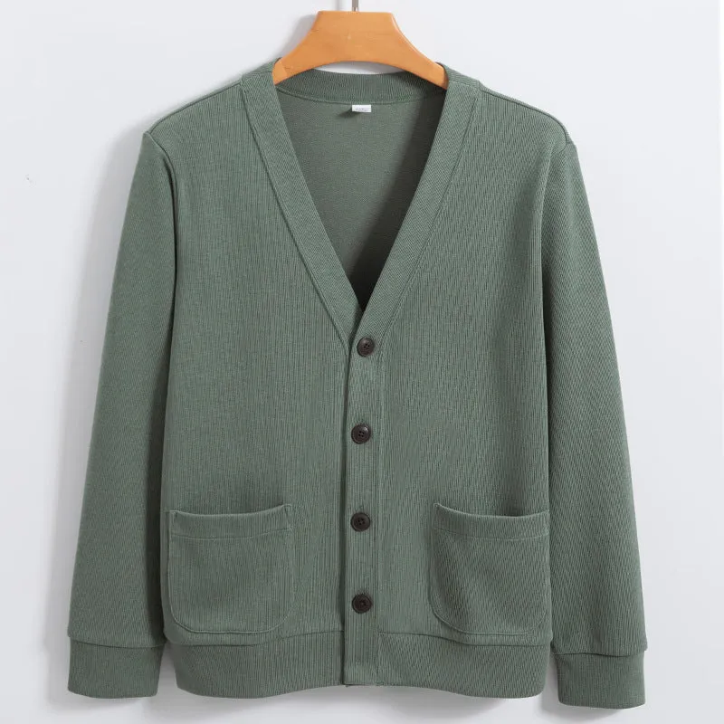 Mens Cardigan  Cotton Knit  Relaxed Fit  V-Neck  Button Front  Pockets