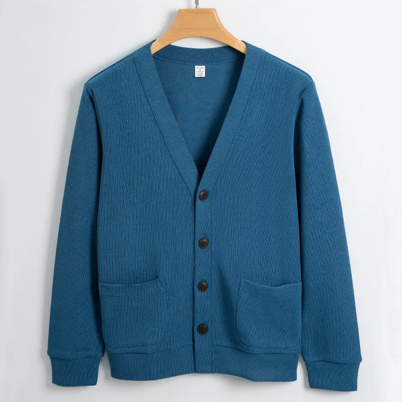 Mens Cardigan  Cotton Knit  Relaxed Fit  V-Neck  Button Front  Pockets