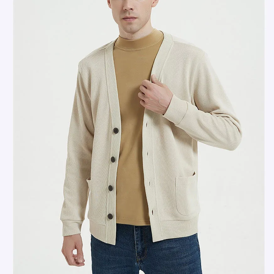 Mens Cardigan  Cotton Knit  Relaxed Fit  V-Neck  Button Front  Pockets