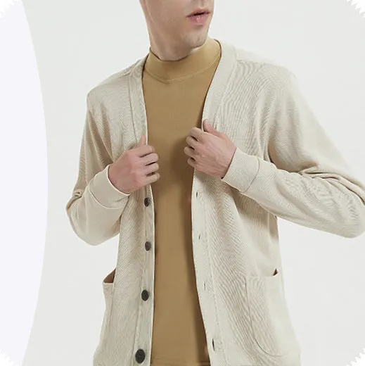 Mens Cardigan  Cotton Knit  Relaxed Fit  V-Neck  Button Front  Pockets
