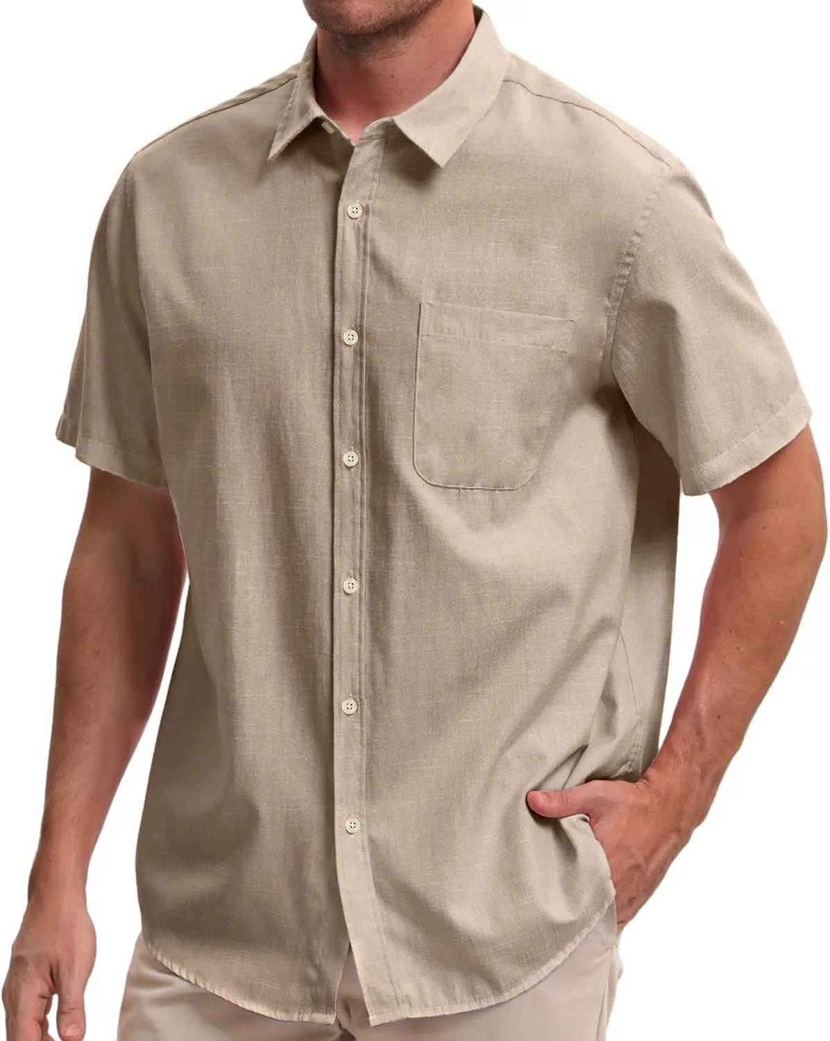 Mens Cotton Linen Short Sleeve Shirts Casual Lightweight Button Down Shirts Vacation Beach Summer Tops with Pocket