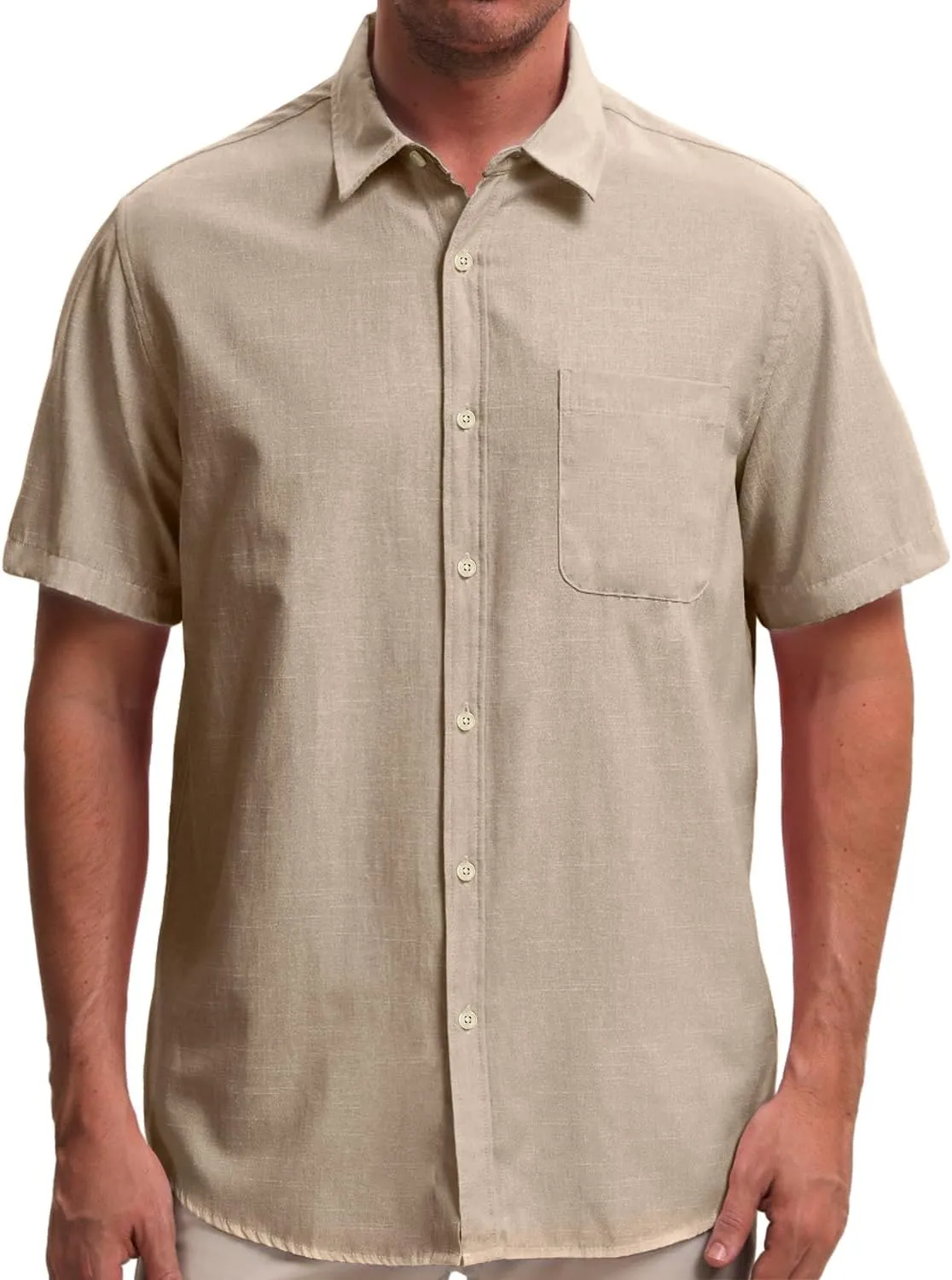 Mens Cotton Linen Short Sleeve Shirts Casual Lightweight Button Down Shirts Vacation Beach Summer Tops with Pocket