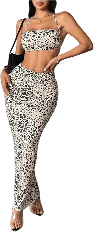 Milumia Women's 2 Piece Vacation Outfits Halter Crop Top and Maxi Skirt Beach Cover Up