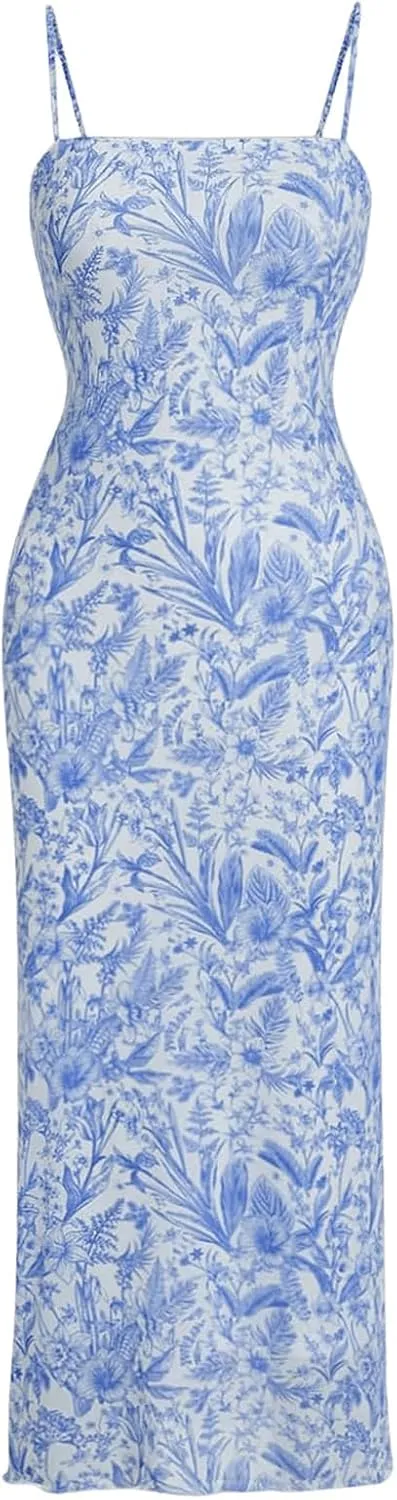 Milumia Women's Floral Print Camisole Dress Backless Bodycon Long Dresses
