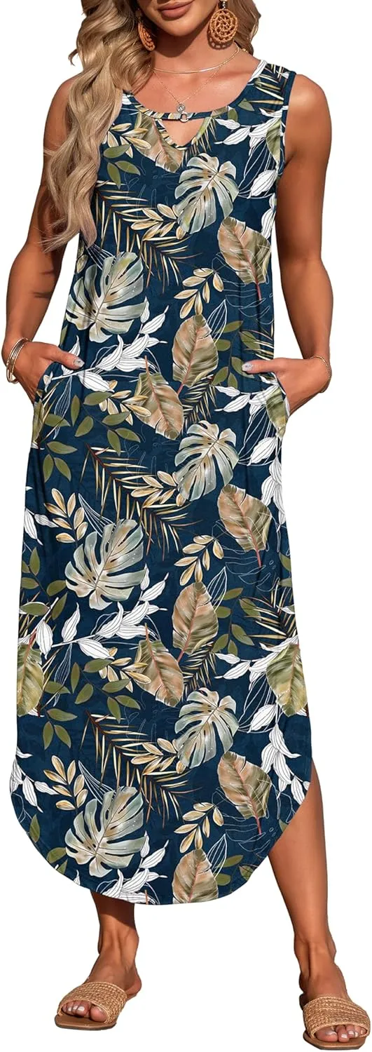 MISFAY Women's Summer Maxi Dress Sleeveless Loose Long Beach Split Dresses with Pockets
