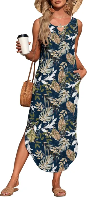 MISFAY Women's Summer Maxi Dress Sleeveless Loose Long Beach Split Dresses with Pockets