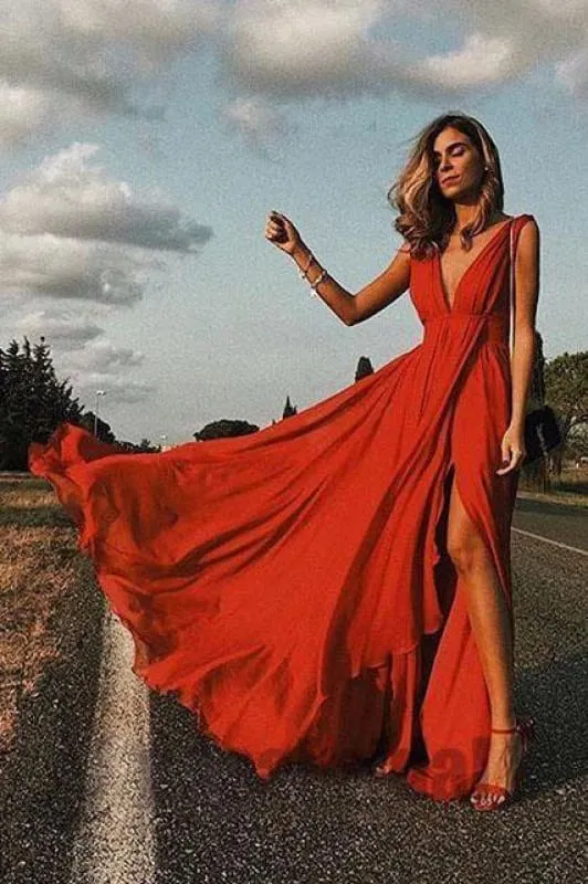 New Sexy Simple Deep V neck Soft Side Split Prom Dresses Formal Gown
