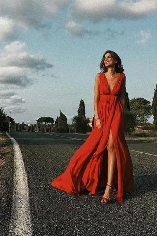 New Sexy Simple Deep V neck Soft Side Split Prom Dresses Formal Gown
