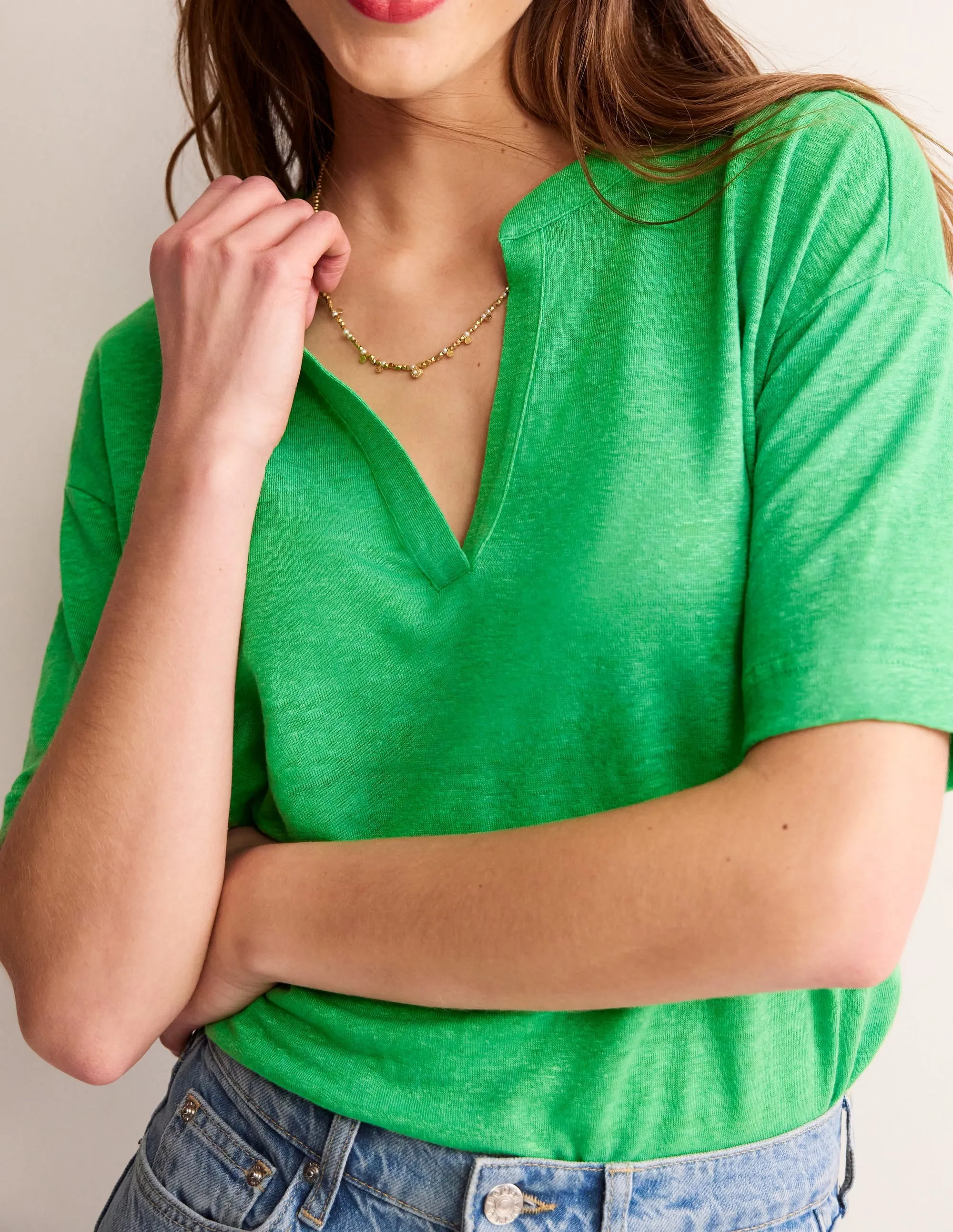 Notch Neck Linen Henley Top-Kelly Green