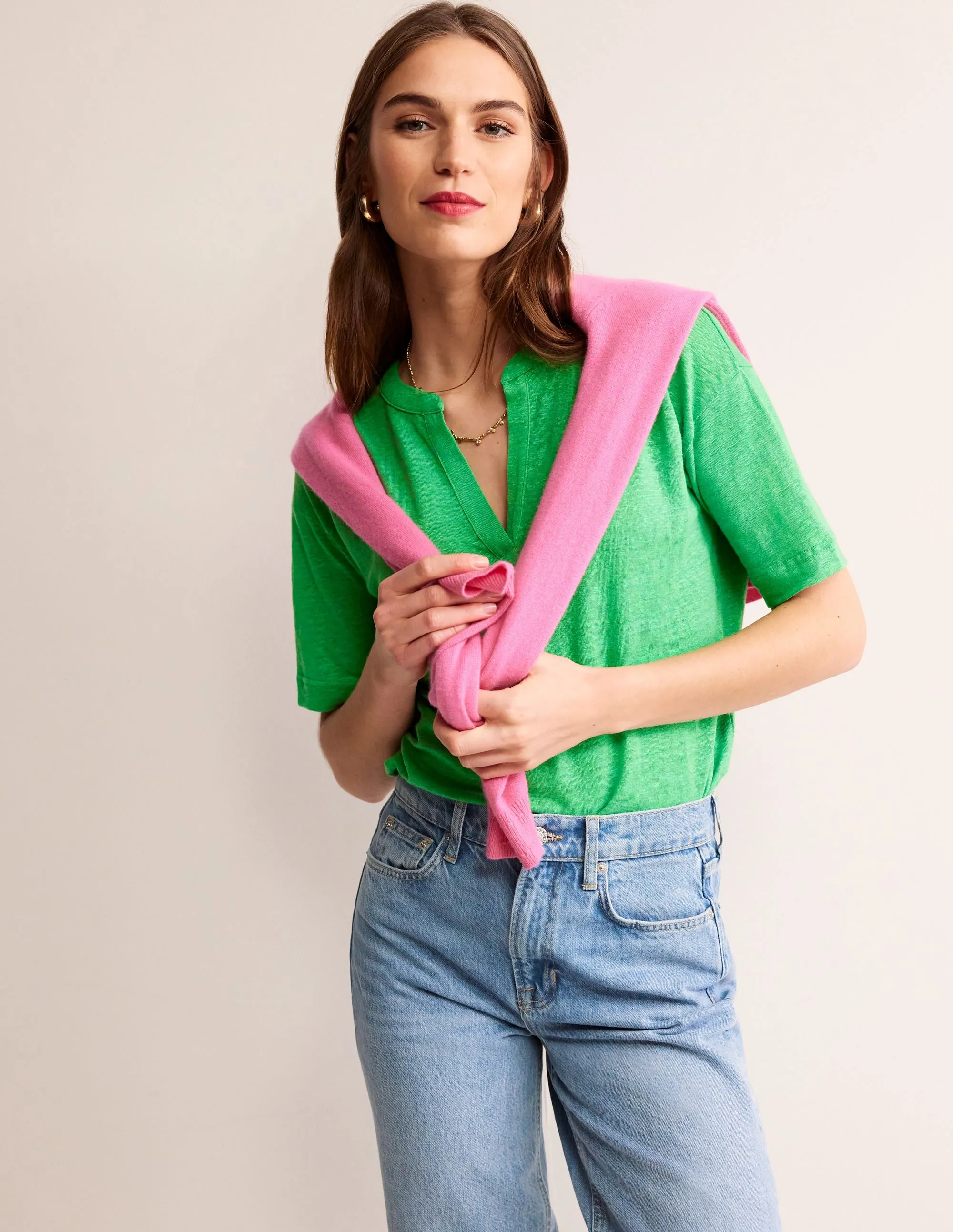 Notch Neck Linen Henley Top-Kelly Green