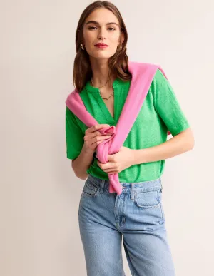Notch Neck Linen Henley Top-Kelly Green