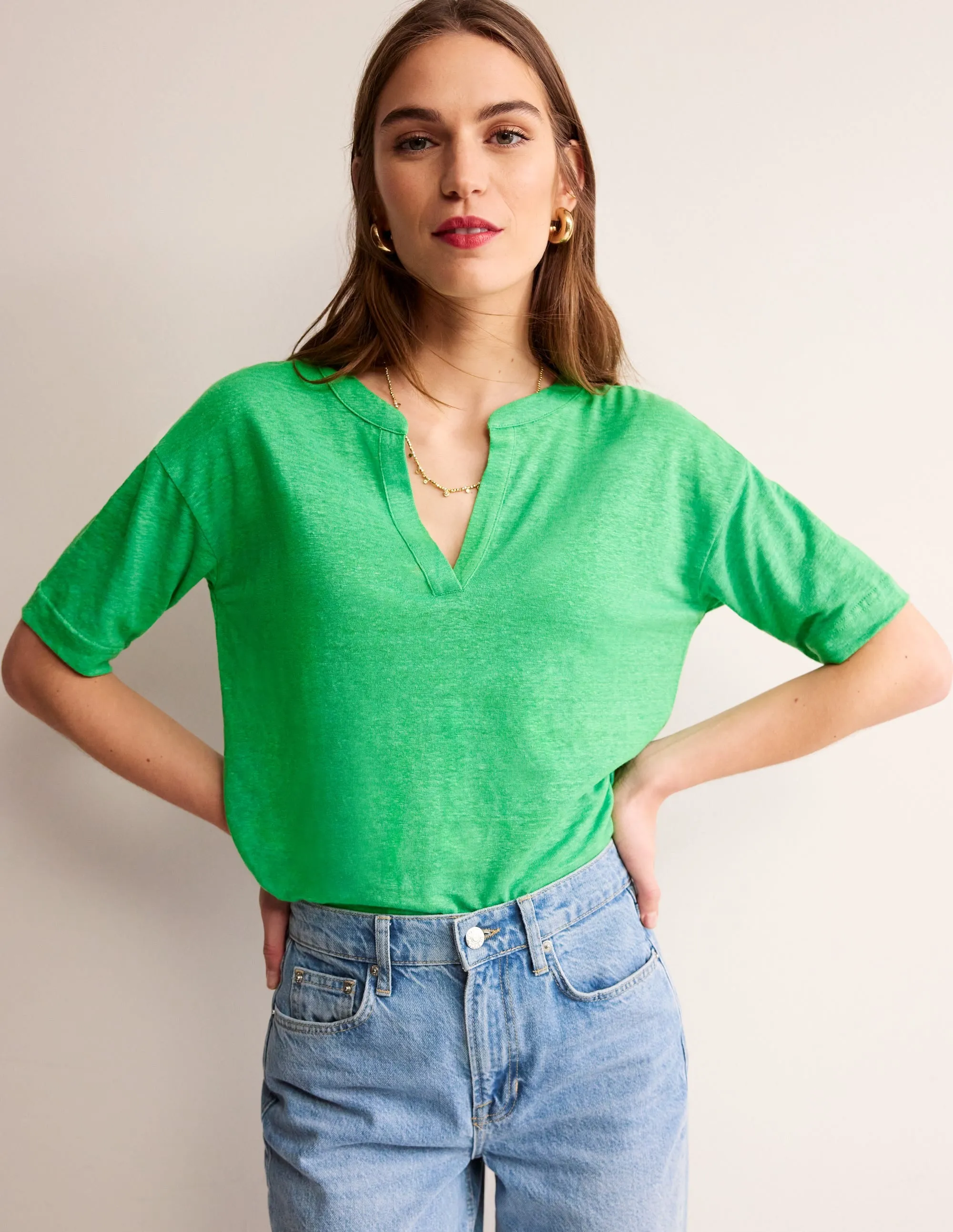 Notch Neck Linen Henley Top-Kelly Green