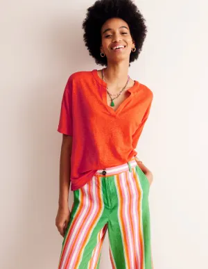 Notch Neck Linen Henley Top-Mandarin Orange