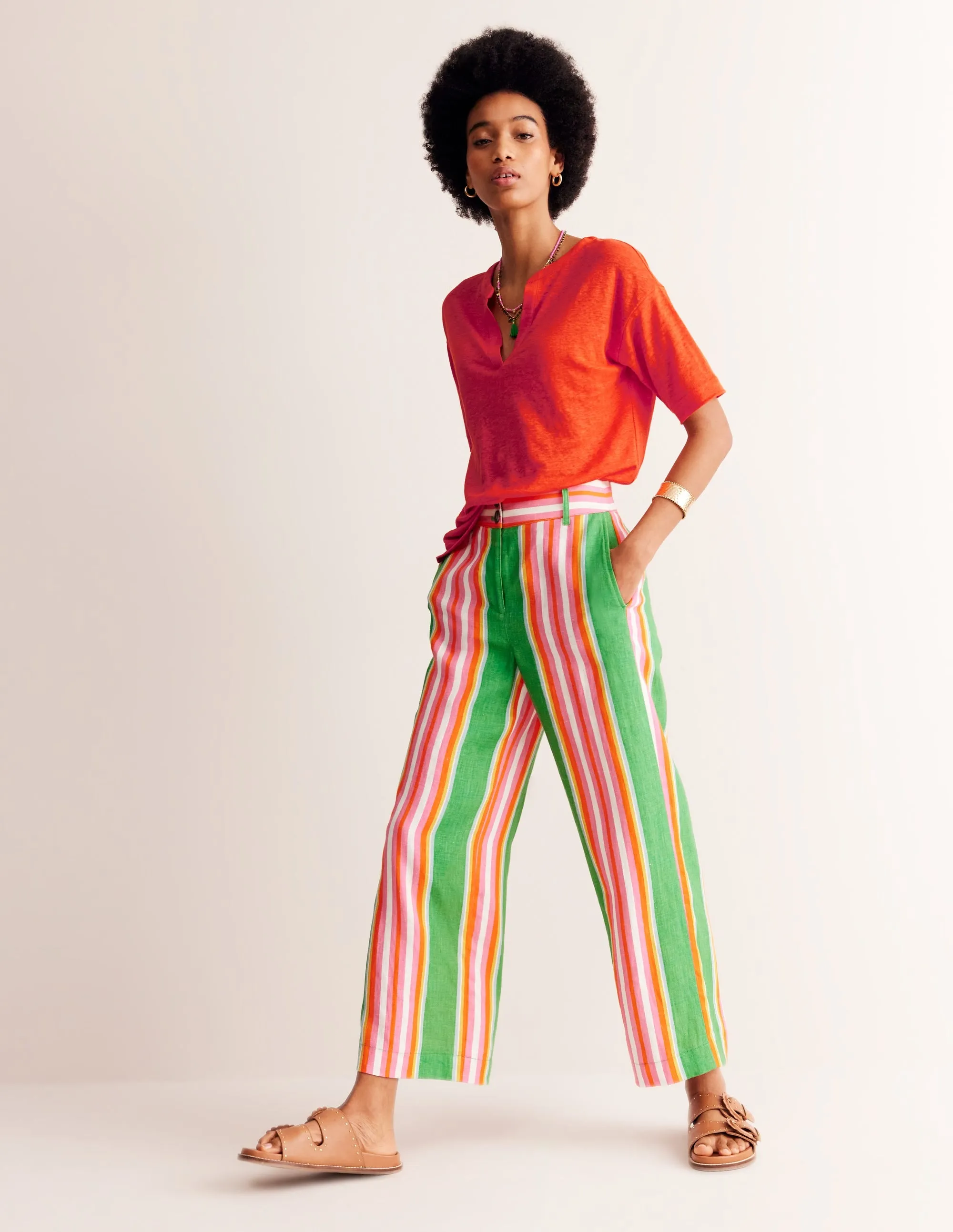 Notch Neck Linen Henley Top-Mandarin Orange