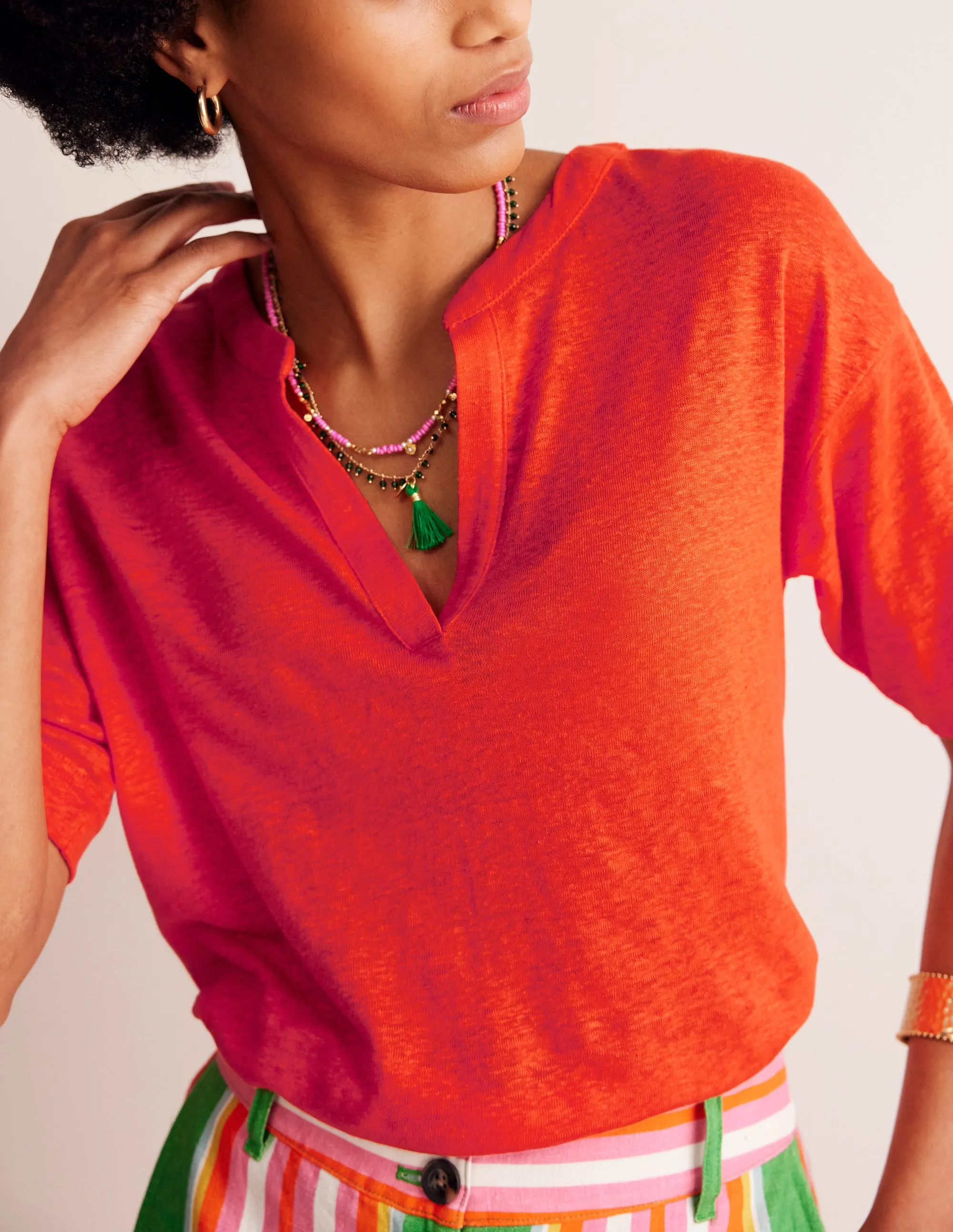 Notch Neck Linen Henley Top-Mandarin Orange