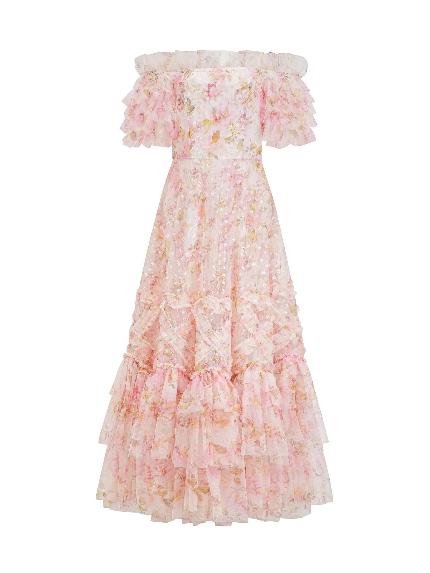 Off The Shoulder Ruffles Sequins Floral Printed  Long Prom Dress