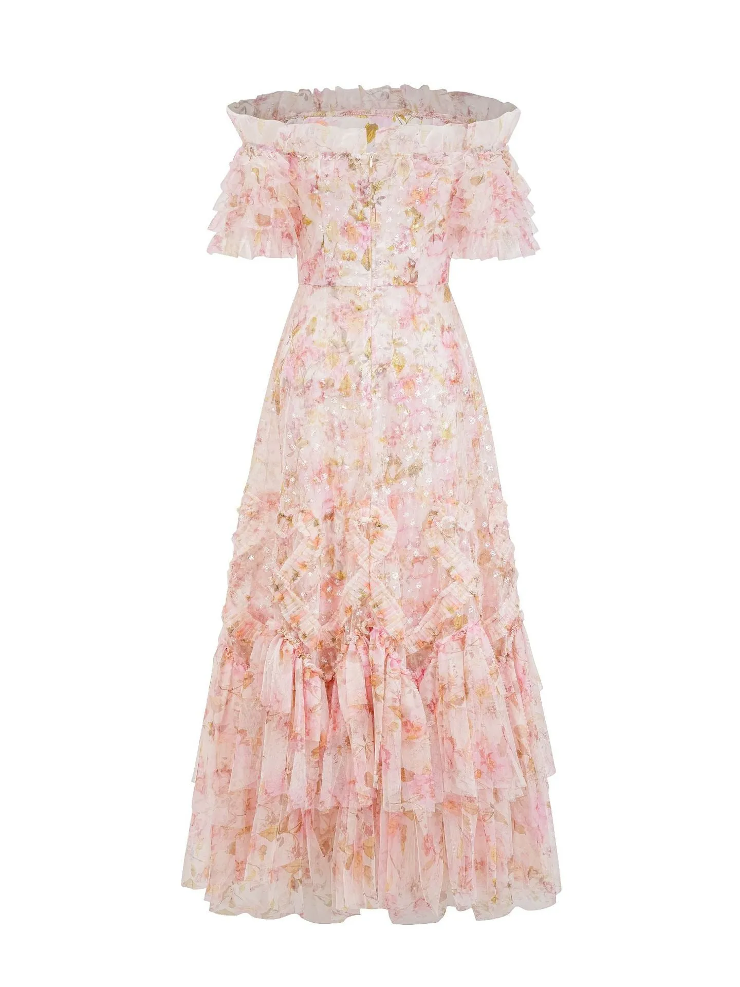 Off The Shoulder Ruffles Sequins Floral Printed  Long Prom Dress
