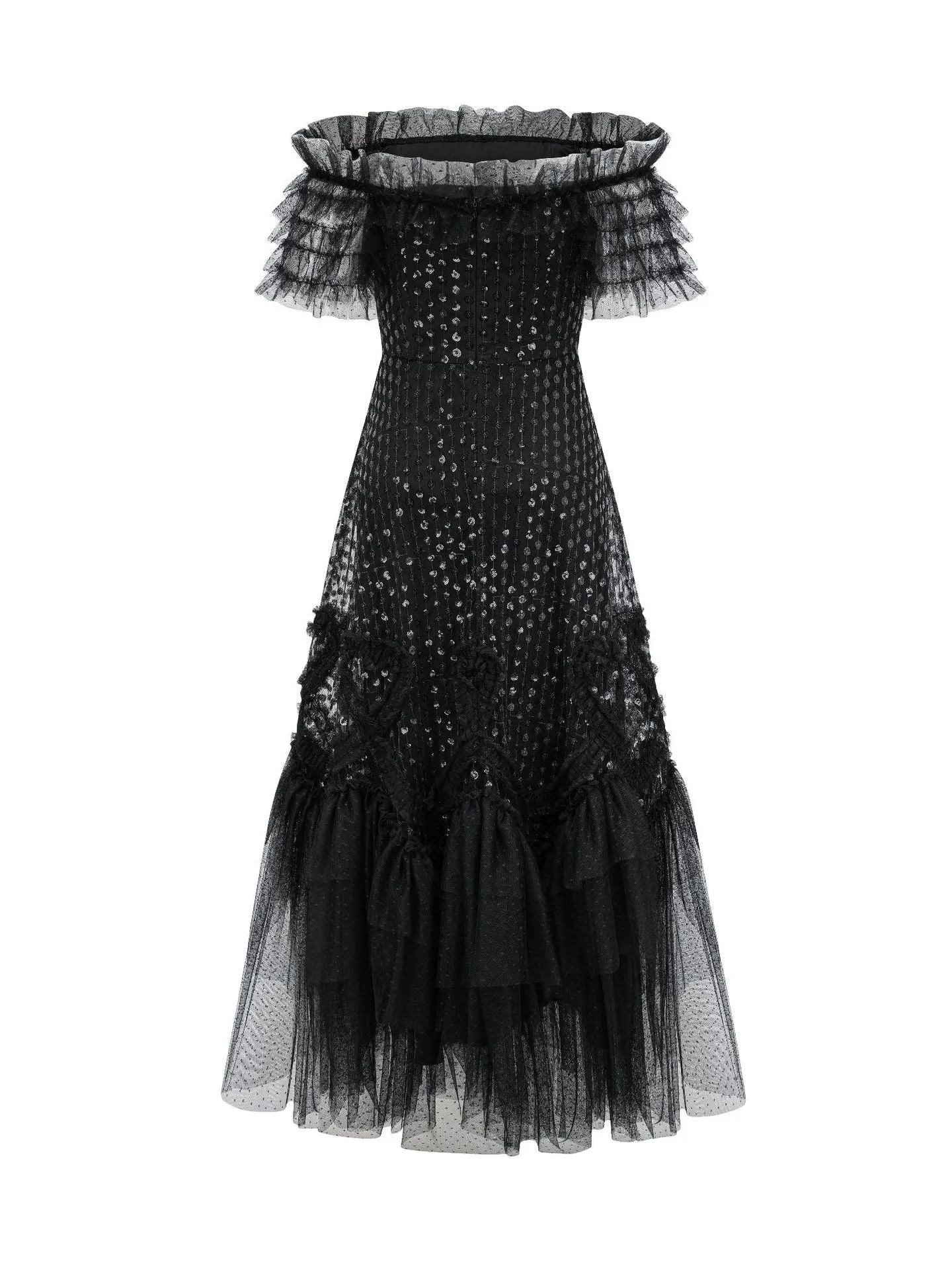 Off The Shoulder Ruffles Sequins Layers Black Long Prom Dress