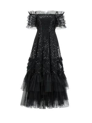 Off The Shoulder Ruffles Sequins Layers Black Long Prom Dress