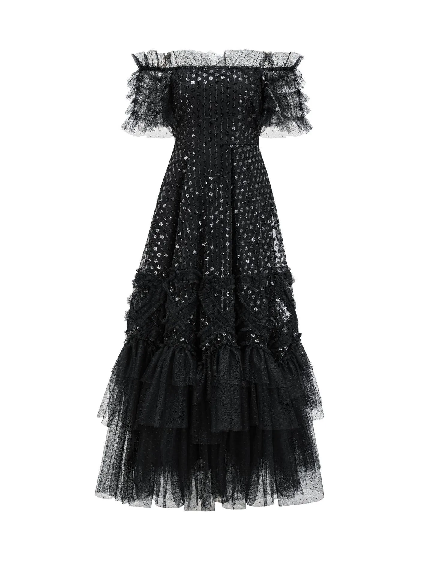 Off The Shoulder Ruffles Sequins Layers Black Long Prom Dress