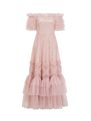 Off The Shoulder Ruffles Sequins Layers Pink Long Prom Dress