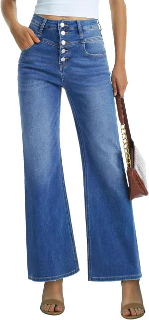 ONESO Women Flare Jeans High Waisted Stretch Button Fly Women's Wide Leg Baggy Jeans 90s Tummy Control Denim Pants
